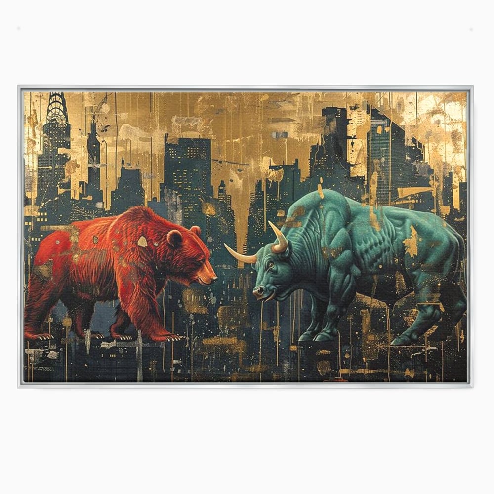 Tablou canvas cu tablou canvas cu taur si urs, in rama de aluminiu argintiu